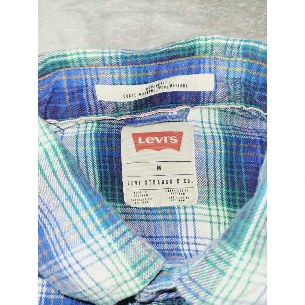 Levi's Western Pearl Snap Shirt Mens Medium Plaid Blue/Green Flannel Button Up